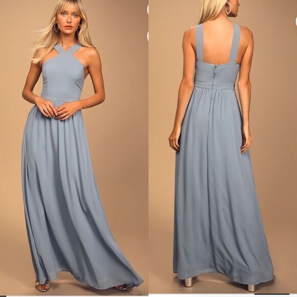 Lulus Air of Romance Halter Maxi Dress Large Light Blue Bridesmaid Romantic - Picture 1 of 13